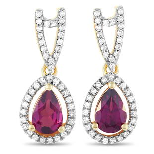 14K Yellow Gold 0.22 ct Diamond and Garnet Earrings: These earrings are made of 14K yellow gold and each of the two weighs 1.15 grams. They measure 0.62 in length and 0.30 in width. The pair is embellished with diamonds and garnets that total 0.22 and