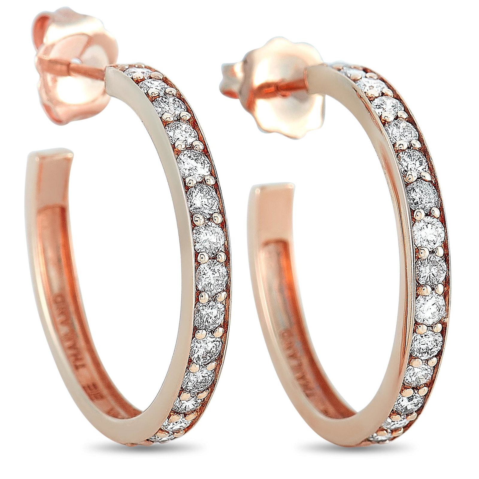 14K Rose Gold 0.75 ct Diamond Hoop Earrings: These hoop earrings are made of 14K rose gold and each of the two weighs 1.65 grams. They measure 0.75 in height and boast a 0.75 hoop diameter. The pair is embellished with diamonds that amount to 0.
