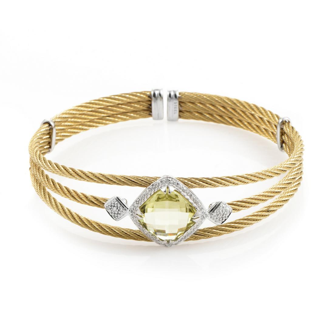 Charriol Steel YG Plated Diamond Bracelet: From Charriol's Celtic Classique Collection, this yellow PVD coated stainless steel Celtic Cable Bracelet boasts a diamond shaped lemon citrine stone surrounded by .09ct white diamonds in an 18K white