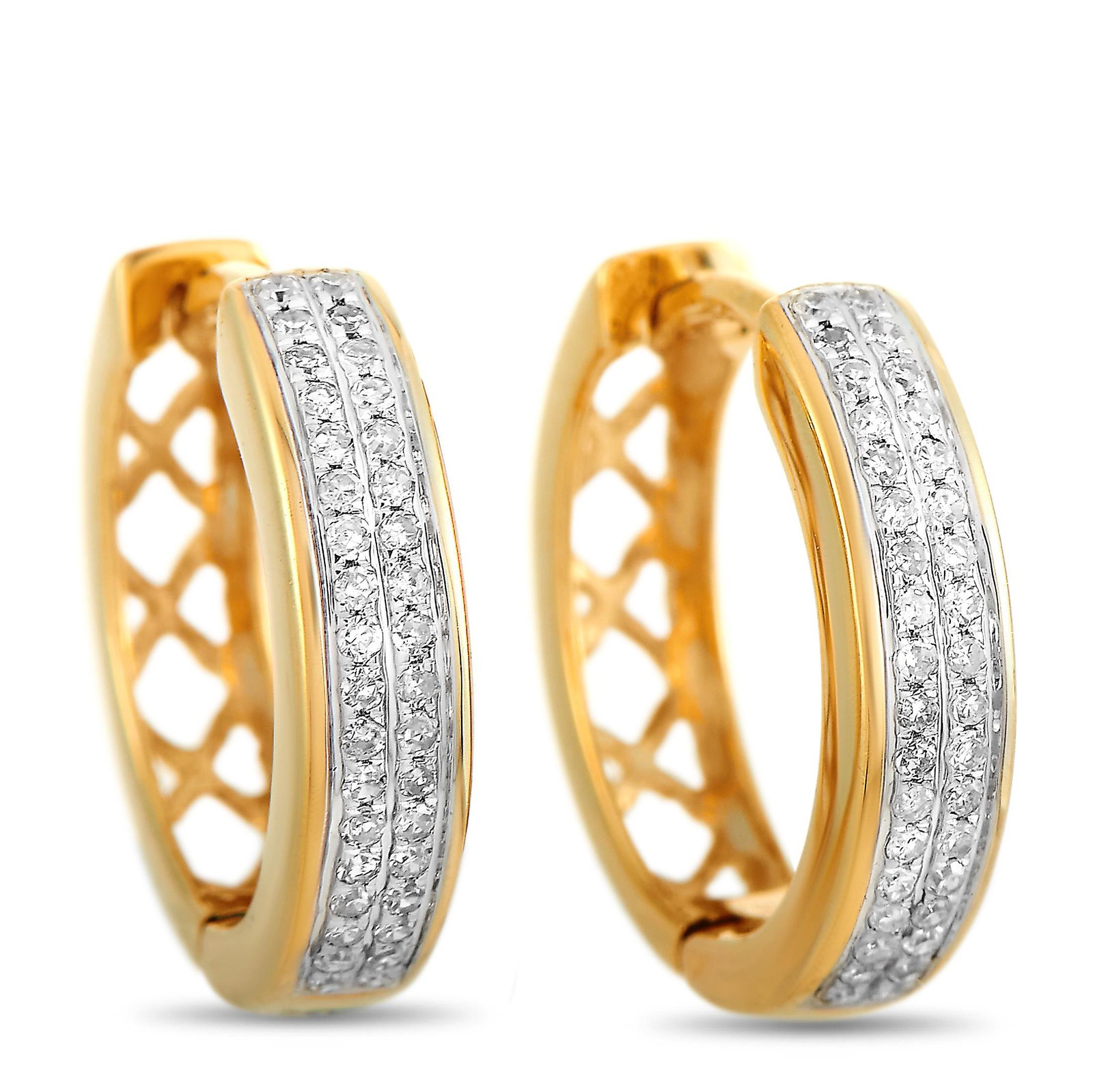 14K Yellow Gold 0.14 ct Diamond Small Hoop Earrings: These hoop earrings are made of 14K yellow gold and embellished with diamonds that amount to 0.14 carats. The earrings measure 0.55 in length and 0.15 in width, and each of the two weighs 1.1 grams.Th