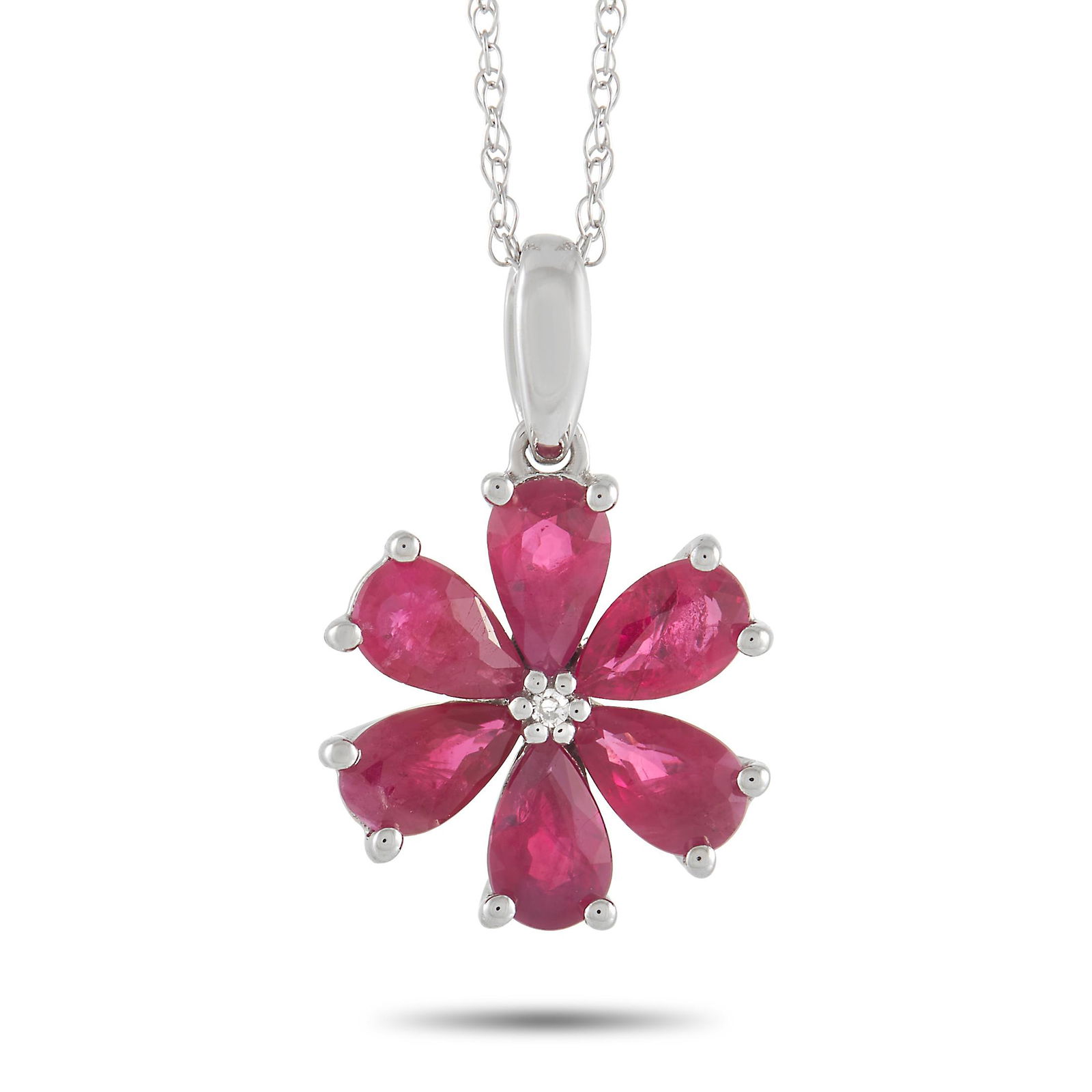14K WG 0.01 ct Diamond and Ruby Flower Necklace (1 of 4)
