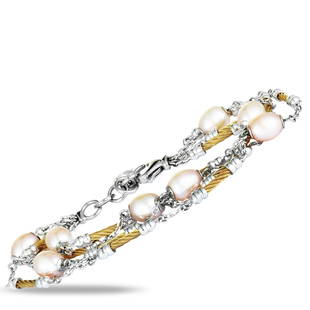 Charriol Pearl Stainless, Yellow PVD Bracelet: An endearingly sublime look is achieved in this exquisite Pearl bracelet from Charriol by combining gleaming stainless steel with radiant yellow PVDcoated cable inserts and topping it all off with