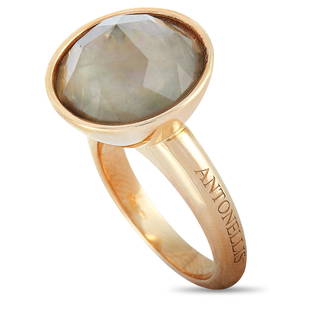 Antonellis 18K RG and Mother of Pearl Ring - 7.25: This Antonellis ring is made out of 18K rose gold and mother of pearl and weighs 12.7 grams. The ring boasts band thickness of 3 mm and top height of 15 mm, while top dimensions measure 16 by 16