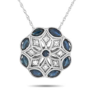 14K WG 0.08 ct Diamond Sapphire Round Necklace: This necklace is made of 14K white gold and embellished with sapphires and a total of 0.08 carats of diamonds. The necklace weighs 2.4 grams and boasts a 17 chain and a round pendant that measures