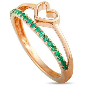 14K Rose Gold Emerald Heart Ring Size 7.25: This ring is made of 14K rose gold and weighs 2.5 g, boasting band thickness of 2 mm and top height of 2 mm, while top dimensions measure 20 by 7 mm. The ring is set with emeralds that total 0.25