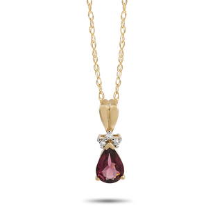 14K Yellow Gold 0.02 ct Diamond and Garnet Necklace: Every clean, classic look will become a little more sophisticated when you add this elegant 14K Yellow Gold necklace. The dainty pendant measures 0.5 long by 0.15 wide and comes to life thanks to a