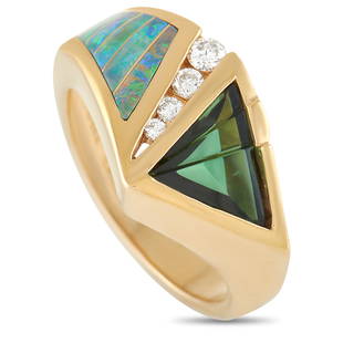 Kabana 14K Yellow Gold 0.15 ct Diamond, Tourmaline, and Inlaid Opal Ring Size 6.0: This creative Kabana ring will continually make a statement. The bold 14K Yellow Gold band features a 3mm wide band and a 4mm top height. Its accented by fiery inlaid opal, 1.20 carats of green