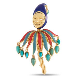 Cartier Vintage 18K Yellow Gold Whimsical Jester Brooch: This vintage piece from Cartier possesses a whimsical sense of oldfashioned elegance. Shaped to resemble a jester, its crafted from 18K Yellow Gold and accented by an array of colorful accents. Add