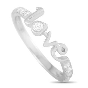 14K White Gold 0.25 ct Diamond Love Ring Size 6.25: This love ring is made of 14K white gold and embellished with diamonds that amount to 0.25 carats. The ring weighs 1.6 g and boasts band thickness of 3 mm and top height of 4 mm, while top