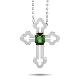 Franck Muller 18K White Gold Tourmaline Cross Necklace: This pendant necklace from Franck Muller offers a contemporary take on a classic piece of jewelry. The 18K White Gold cross pendant measures 1.5 long, 1.25 wide, and possesses a sleek, modern