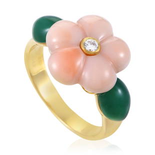 Van Cleef & Arpels 18K Yellow Gold Diamond, Coral, and Chrysoprase Flower Ring Size 4.5: Creating a vivacious and charming depiction of a flower by employing the tender coral and splendid green chrysoprase stones, Van Cleef & Arpels present this delightfully feminine and colorful 18K