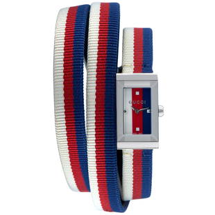 Gucci GFrame Red, White and Blue Triple Wrap Strap Watch YA147502: The Gucci GFrame watch, reference number YA147502, is presented with a 14 by 25 mm stainless steel case that is waterresistant to 30 meters. The case is mounted onto a striped whiteredblue triple