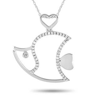 14K White Gold 0.15 ct Diamond Fish Pendant Necklace: This necklace is made of 14K white gold and embellished with diamonds that amount to 0.15 carats. The necklace weighs 1.8 g and boasts a 17 chain and a fish pendant that measures 1 in length and