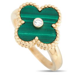 Van Cleef & Arpels Alhambra 18K Yellow Gold Diamond and Malachite Ring Size 6.0