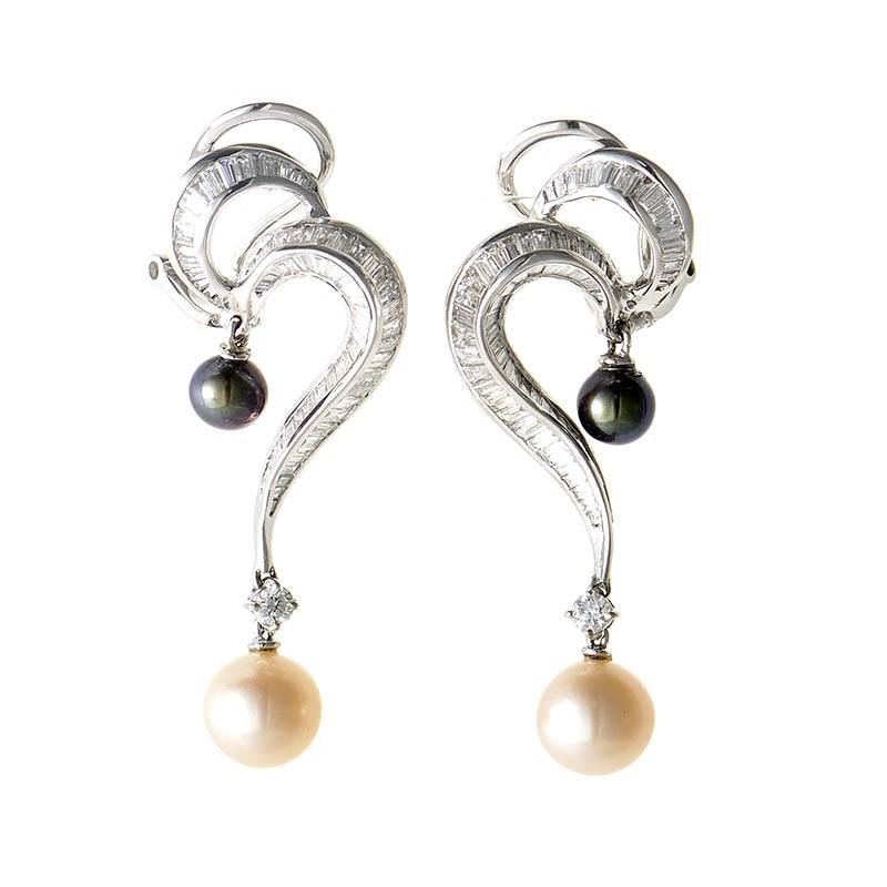 18K White Gold Diamond Black and White Pearl Dangle Earrings (1 of 2)