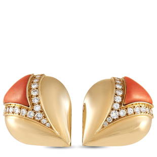 Bvlgari 18K Yellow Gold 1.30 ct Diamond and Coral Earrings: A stylish combination of luxury materials makes these Bvlgari earrings simply unforgettable. Each earring measures 1 round and juxtaposes opulent 18K Yellow Gold with inset Coral accents. Diamonds