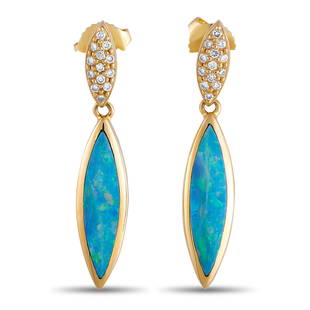 Kabana 18K Yellow Gold 0.13 ct Diamond and Inlaid Opal Dangle Earrings: These gorgeous Kabana earrings are sure to attract attention. The earrings are made with 18K yellow gold and set with a beautiful turquoisecolored opal inlay. Each earring is set with a cluster of