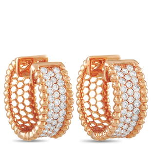 18K Rose Gold 2.00 ct Diamond Hoop Earrings: These hoop earrings are crafted from 18K Rose Gold and set with 2.00 carats of round cut diamonds through out. Each earring weighs 8.3 grams each. 13The set is presented in Brand New condition and