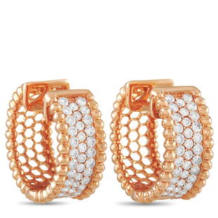 18K Rose Gold 2.00 ct Diamond Hoop Earrings: These hoop earrings are crafted from 18K Rose Gold and set with 2.00 carats of round cut diamonds through out. Each earring weighs 8.3 grams each. 13The set is presented in Brand New condition and