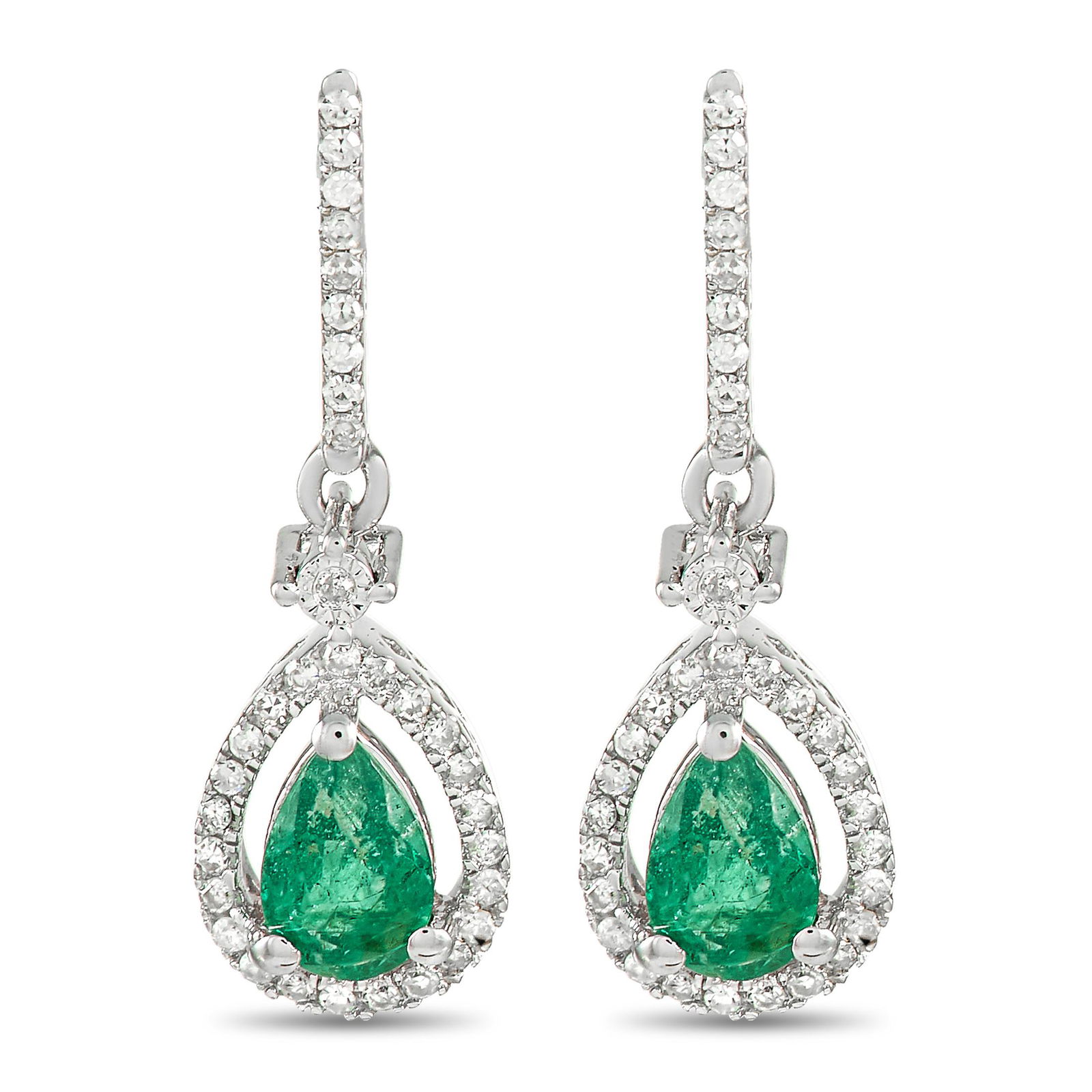 14K White Gold 0.20 ct Diamond and Emerald Dangle Earrings (1 of 3)