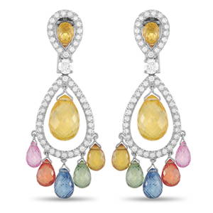 Graff 18K White Gold 1.20 ct Diamond and MultiColored Sapphire Dangle Earrings