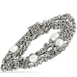 Scott Kay Sterling Silver and Pearl 3 Link Chain Bracelet: This Scott Kay bracelet is crafted from sterling silver and embellished with pearls. The bracelet weighs 54.8 grams and measures 7 in length.Offered in brand new condition, this jewelry piece