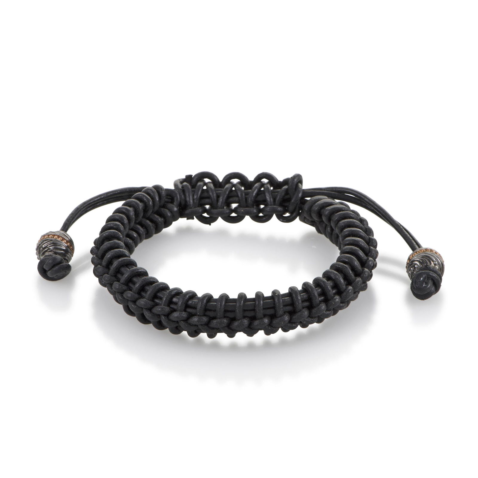 Stephen Webster No Regrets Womens Woven Black Leather and Silver Bracelet: Supple, stunning and superbly woven to create mesmerizing texture, the compelling black leather is complemented by marvelous silver endcaps in this remarkable bracelet from Stephen Webster's quotNo Re