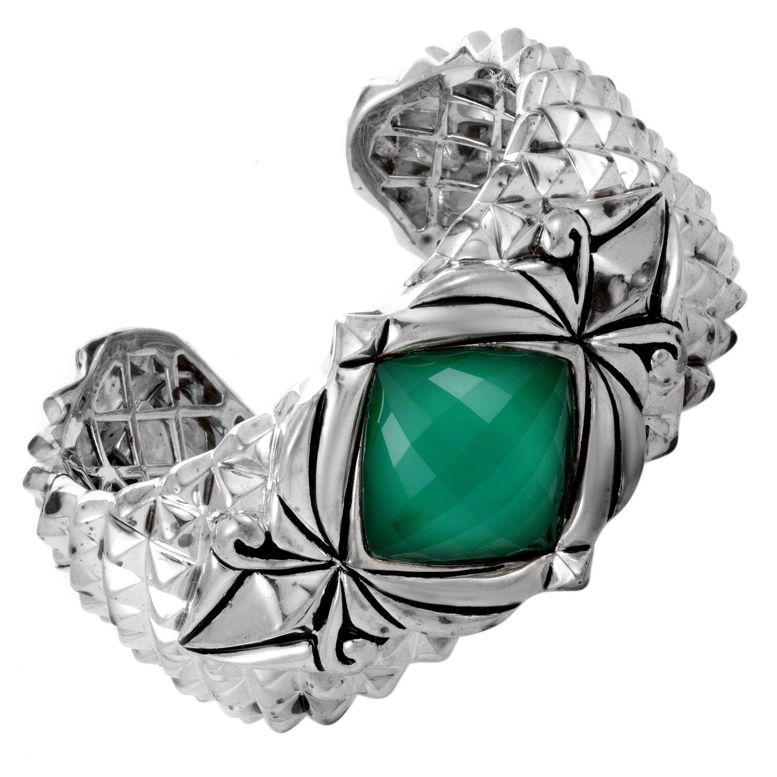 Stephen Webster Superstud Baroque Silver Chrysoprase Crystal Haze Bangle Bracelet: The vivacious color of the synthesized chrysoprase stone breathes exuberant life into this exceptional bracelet from Stephen Webster which is made of gleaming silver and also boasts a quartz stone whi