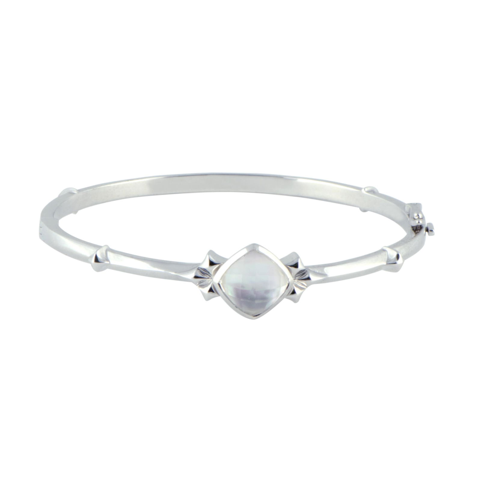 Stephen Webster Superstud Silver Mother of Pearl and Quartz Bangle Bracelet: Brilliantly complementing the splendid sheen of white rhodiumplated silver with their bright and tender aesthetics, the delightful mother of pearl and quartz stone maintain the graceful overall tone o