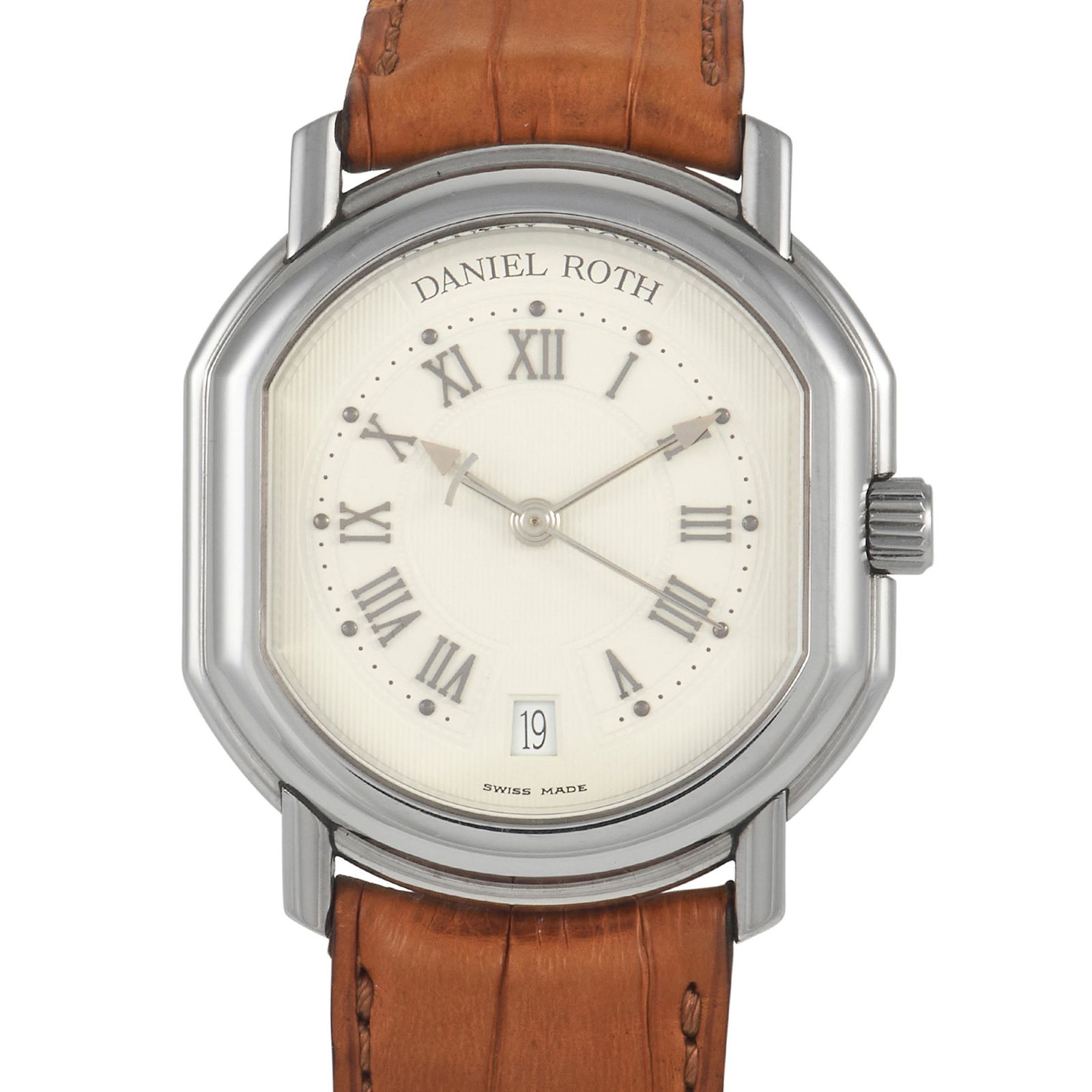 Daniel Roth Le Sentier Watch: A fine timepiece from watchmaking genius Daniel Roth, this Le Sentier features a 32mm steel case with a cream dial in guilloch pattern. The dial has a semicircular chapter ring with grey Roman numeral
