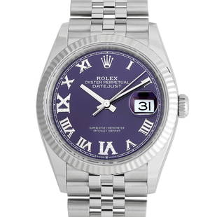 Rolex Datejust 36 Aubergine Diamond Watch 1262340021: A timepiece designed with "robust elegance." This Rolex Datejust 36 Aubergine Diamond Ladies Watch 1262340021 features a 36mm case in Oystersteel and white gold. It has a fluted bezel, screw down