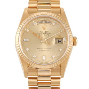 Rolex DayDate 36 Yellow Gold Diamond President Watch 18238: It's hard to argue the iconic status of this full yellow gold Rolex DayDate 18238 with the President bracelet. Introduced in 1988, the ref. 18238 features an allgold design and a double quickset