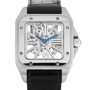 Cartier Santos 100 Skeleton Palladium Watch W2020018: A true work of art, the Santos 100 Skeleton in palladium only proves that Cartier is indeed the ultimate jeweler. This timepiece has an extralarge case made from a lustrous silverywhite metal