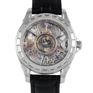 Omega De Ville Tourbillon Platinum Chronometer Watch 5946.30.31: This Omega De Ville Tourbillon Platinum is a truly remarkable watch. A handcrafted timepiece, it features a 38.7 mm platinum case with a bezel set with baguettecut diamonds. The hour and minute hands