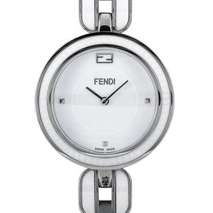 Fendi My Way White Ceramic Quartz Watch F359034004: The Fendi My Way watch, reference number F359034004, comes with a 36 mm stainless steel case that boasts a bezel with a white ceramic inlay. The case is presented on a stainless steel bracelet with