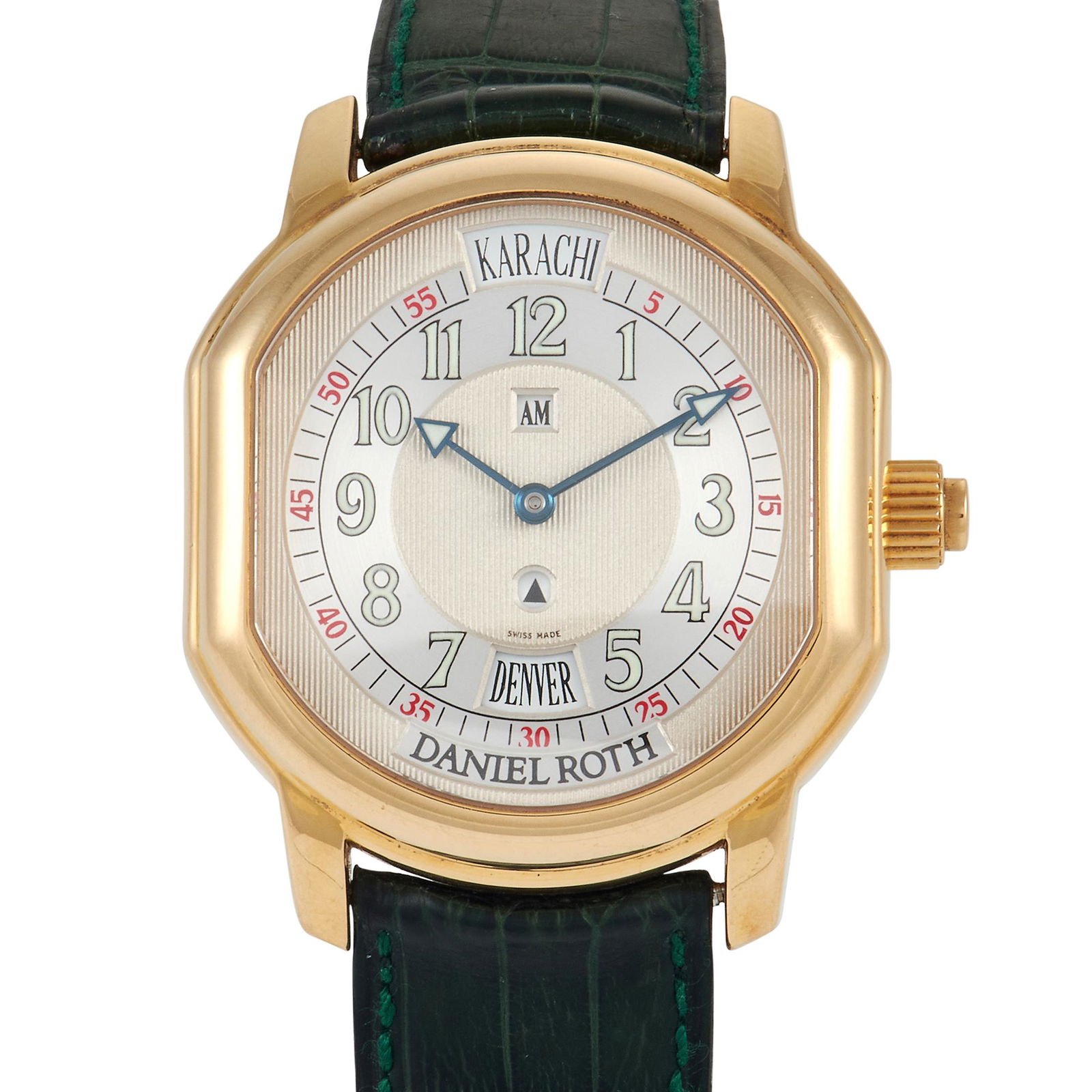 Daniel Roth Metropolitan Leather Automatic Watch 857.X.40.169.CN.BA: This timepiece from Daniel Roth features a great mix of innovation, tradition, and function. The Metropolitan 857.X.40.169.CN.BA features a 38mm x 41mm case in 18k yellow gold. It houses a silver guil
