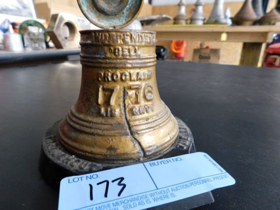 independence bell match holder: metal liberty bell with hinged lid glass insert to hold matches
