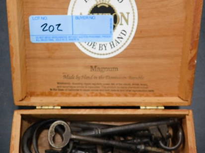 wooden box with large skeleton keys: many large steel skeleton keys