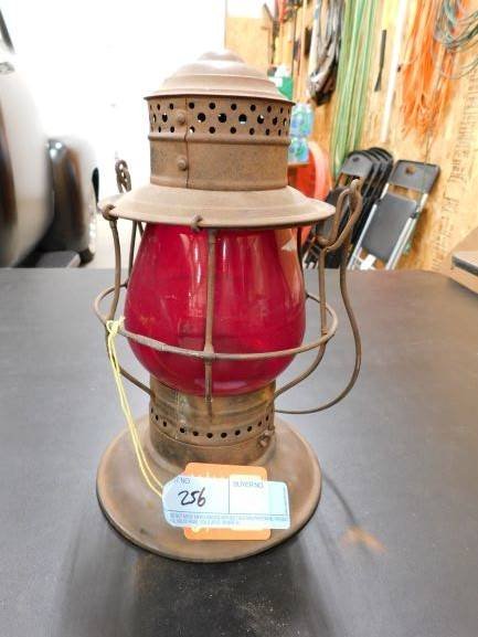 bell bottom steel lantern with red globe (1 of 2)