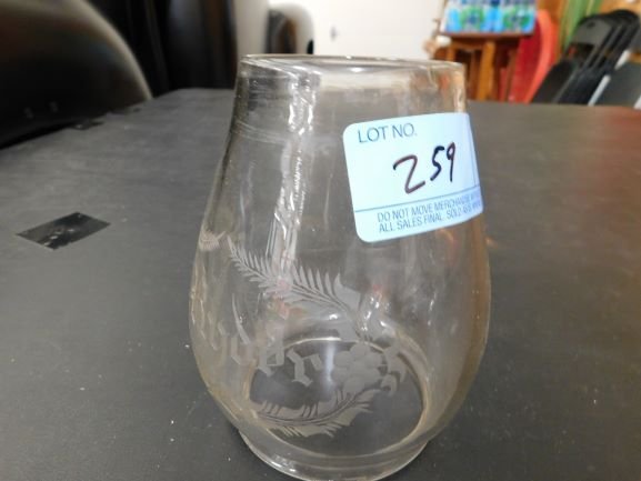 5 1/4 inch clear etched globe: B.RYDER (etched) 5 1/4 inch clear globe overall good condition no cracks one minor chip on edge