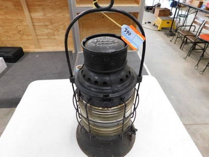 adlake  NY state canals lantern: adlake bellbottom Mohawk lamp NY state canals lantern with fresenel painted black some paint loss appears complete overall good condition