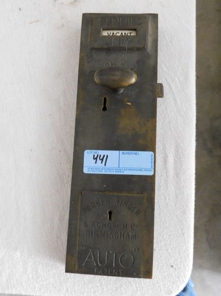 brass paid toilet lock set: brass paid toilet lock set appears clean no key good condition parker winder & achurch ltd Birmingham auto patent "pennies only" brass slight damage on top