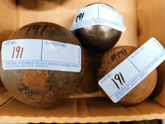 3 small steel balls (rock crushers?): (1) 3 1/4in diameter (1) 3in diameter (1) 2 1/2 in diameter