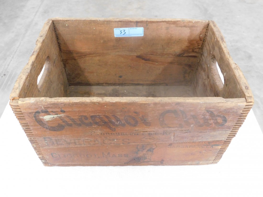 Clicuuot Club Beverages Wooden Crate: Clicuuot Club Beverages wooden crate 19inches x 12 1/2inches x 10 1/2 inches, finger jointed, no lid, shows wear: see pictures