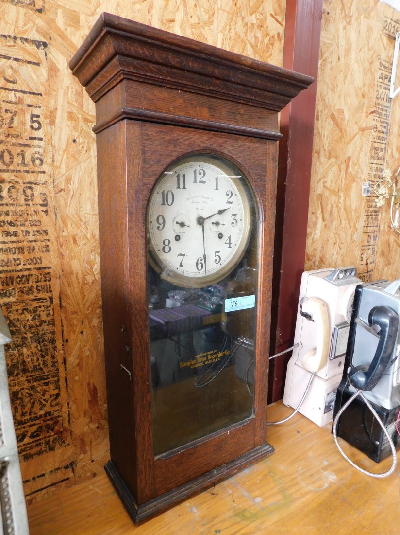 Simplex Time Recorder Time Clock: Simplex time recorder/time clock with oak case, measures approximately 35 1/2 inches tall, 18 inches wide, 8 1/2 inches deep, shows some wear, overall good condition, see pictures