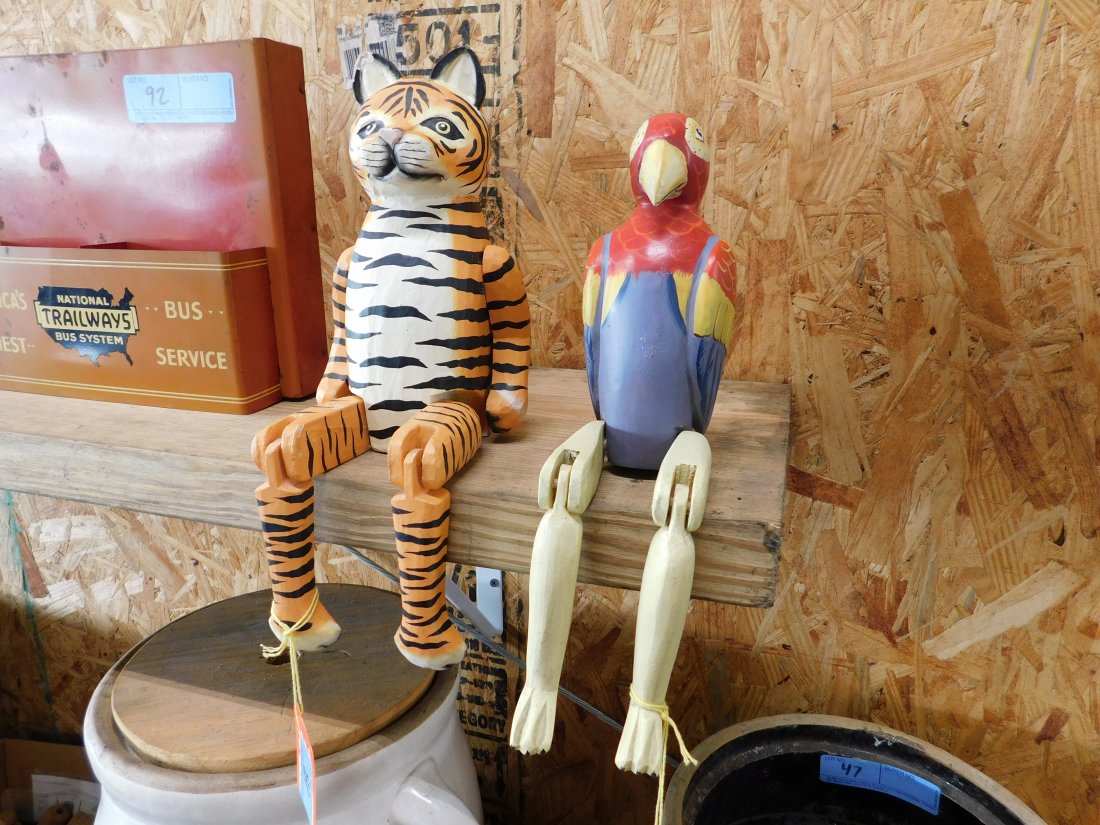 Tiger and Bird Wood Jointed Figures: Wood jointed shelf sitting figures, tiger has some damage on ears and on nose, bird in good condition see pictures