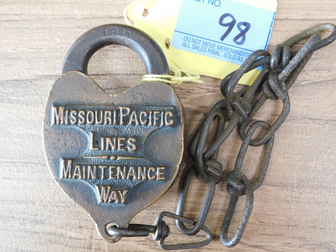 Missouri Pacific Maintenance Brass Railroad Lock: Missouri Pacific Maintenance of way cast brass railroad lock, stamped 1940, overall good condition, with chain no key