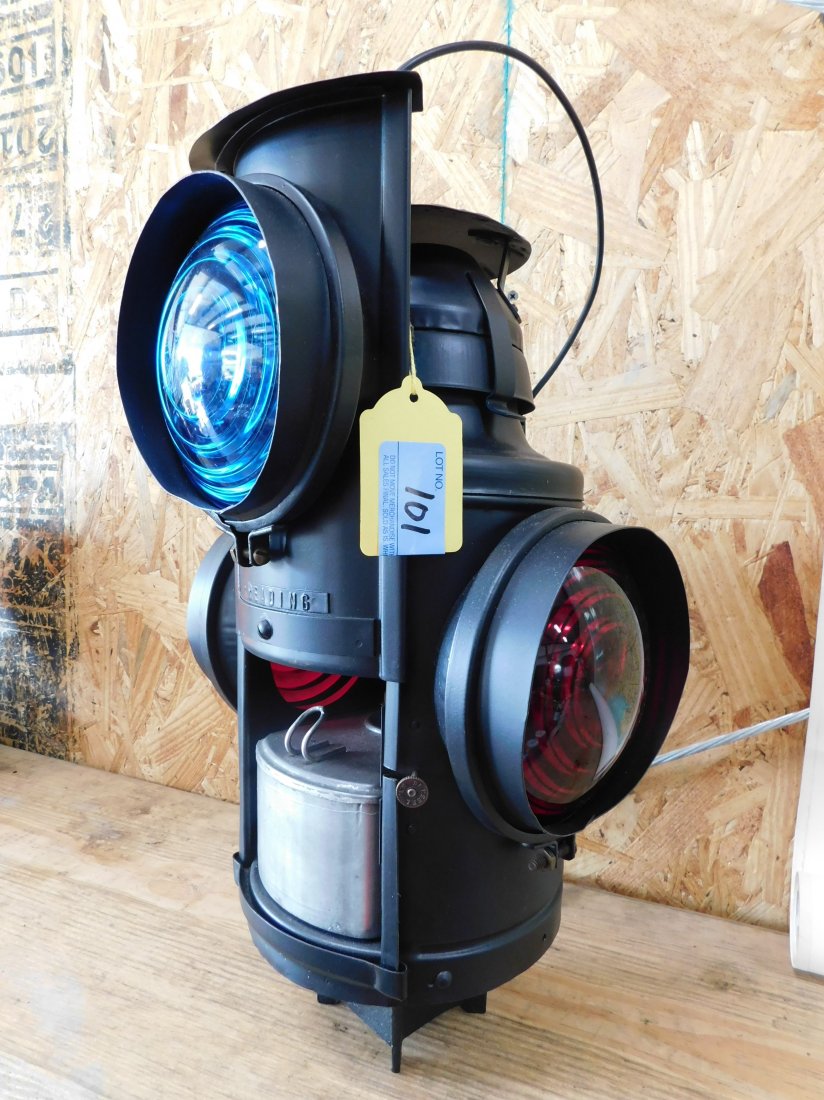 Reading Switch Marker Lamp by Handlan: Reading railroad switch marker lamp, mfg. by Handlan, excellent condition, complete with burner and fonte, 2 red and 2 blue lenses