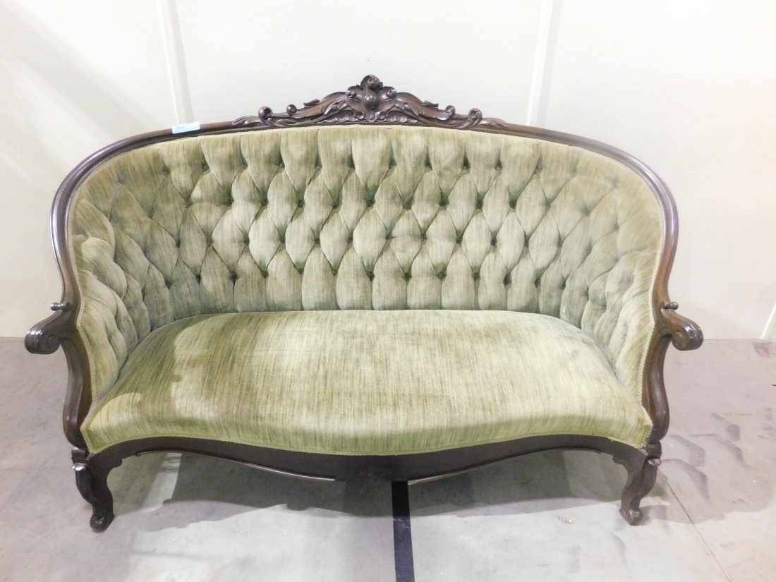 victorian parlor couch: victorian parlor couch green fabric dark wood finish approx.72" long in evcellent condition