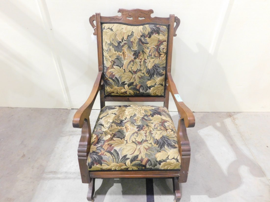 victorian rocker: victorian rocking chair wooden frame with padded seat and back with floral design some light wear overall very good condition matches lot 1037